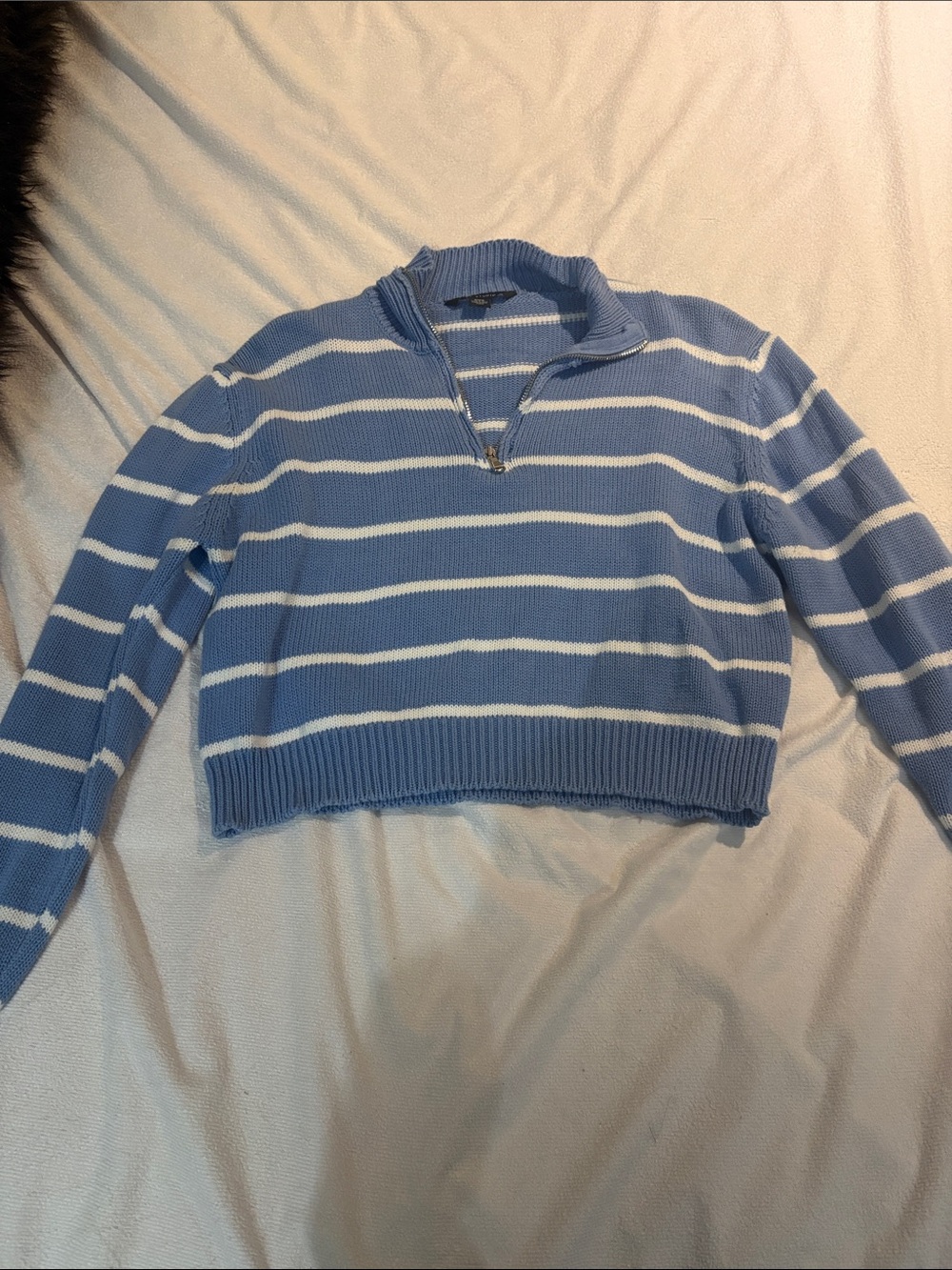 aerie Blue and White Striped Quarter-Zip Crop Sweater